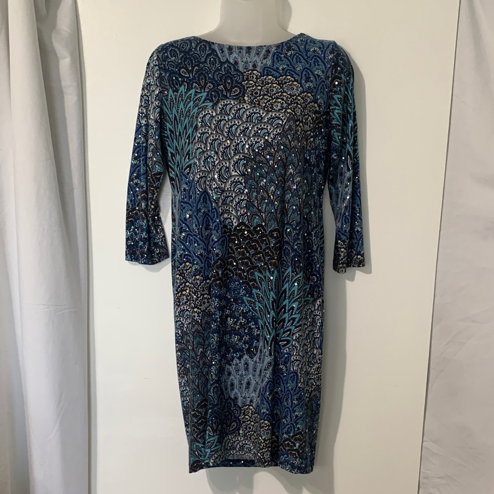 Tiana B. Elegant Quarter length Sleeve Dress in Blue and Black and sequins